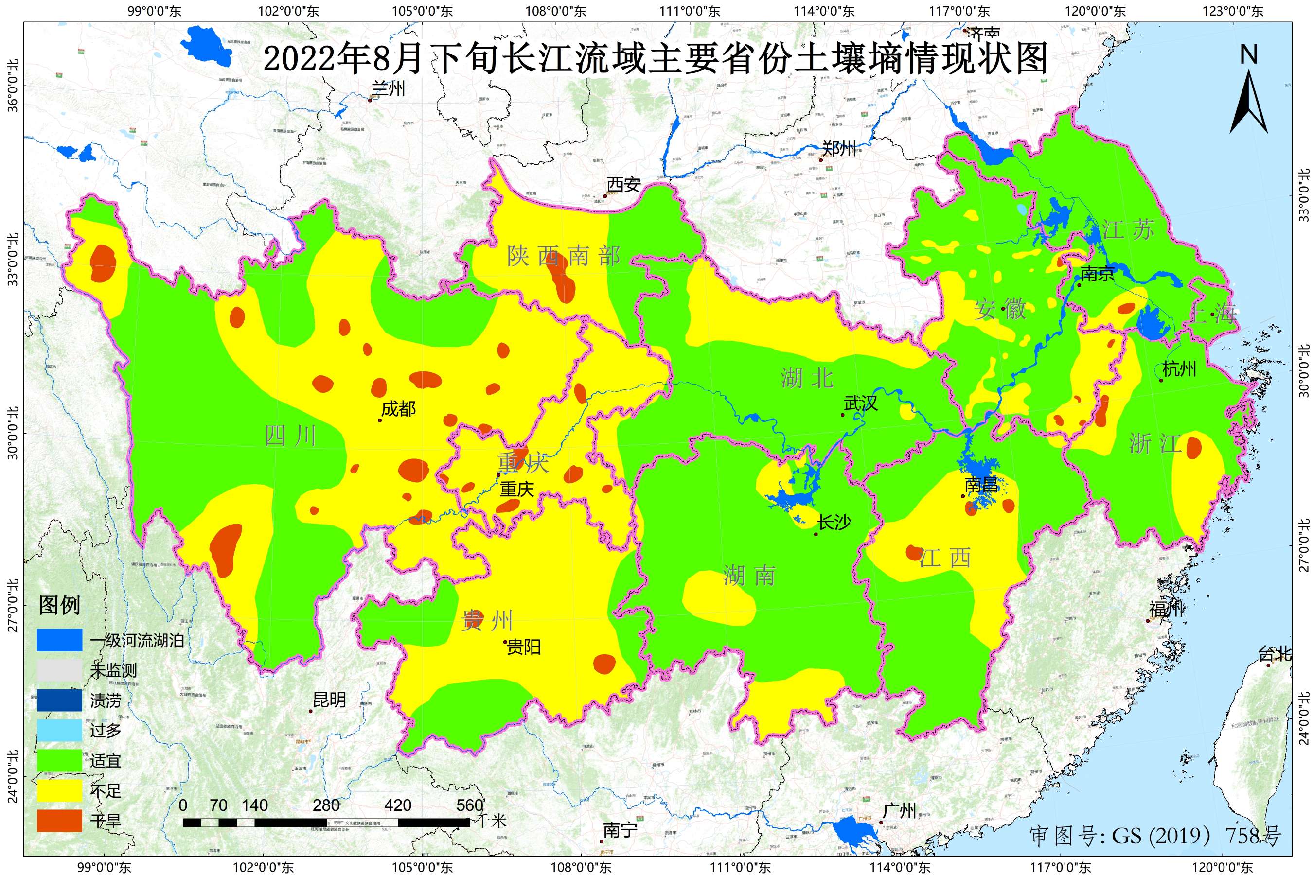 长江流域大部墒情不足，上中游缺墒严重